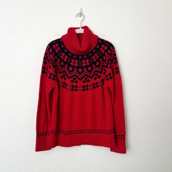[Tommy Hilfiger] Red Black Fair Isle Nordic Print Chunky Turtleneck Sweater XL - Picture 2 of 12